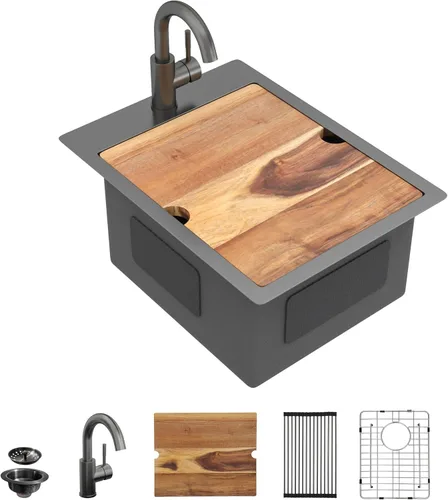 Miniatura 25 de 13"x15" Fregadero de barra de montaje en encimera para preparación – Negro metalizado NANO-PVD, acero inoxidable 304 calibre 16, tazón individual