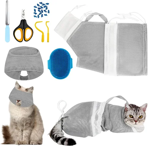 Juego de baño para gatos, 8 piezas, red de ducha para gatos, bozal de malla, cepillo ajustable, cortaúñas, removedor de garrapatas, restricción de