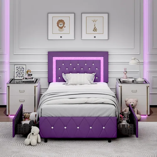 Miniatura 12 de Base de cama tamaño queen con luces LED, plataforma tapizada con cajones de almacenamiento, cama princesa con cabecera y cabecera de diamante,