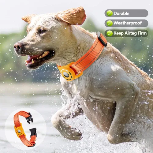 Miniatura 2 de Collar reflectante para perro, compatible con AirTag, collar de nailon para perros pequeños, medianos, grandes y extra grandes Naranja
