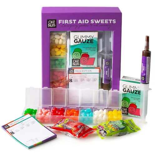 Get Well Soon - Cesta de regalo | Paquete de cuidado de caramelos | Caja de kit comestible para médicos | Píldoras de gelatina de frijol, gasa de