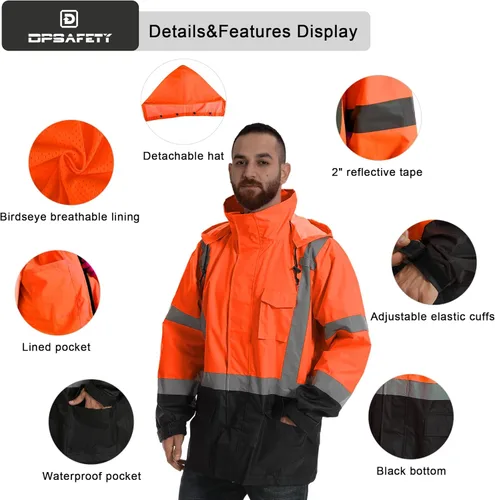 Miniatura 3 de Chaquetas de lluvia reflectantes para hombre impermeables, abrigo de seguridad Hi Vis con tiras reflectantes, chaquetas de lluvia de alta Naranja02