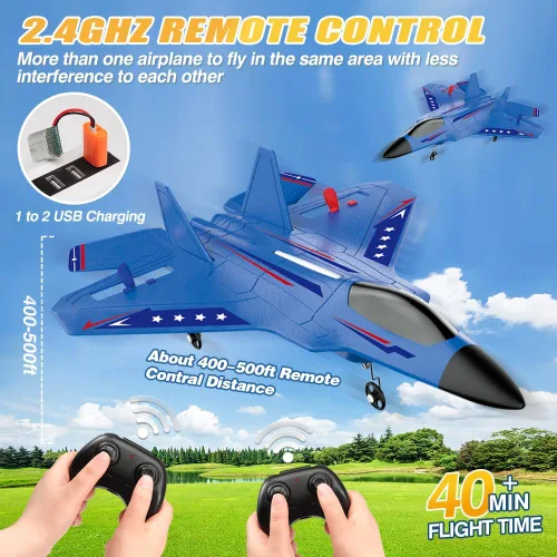 Miniatura 8 de Fremego Avión RC F22 Fighter Jet para niños y adultos, control remoto de 2.4 GHz con estabilización de giroscopio, luces LED, espuma EPP resistente