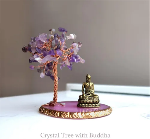 Miniatura 2 de Estatua de Buda con Árbol de Cristal Sanador, Árbol de la Vida para Energía Positiva. Decoración del Hogar para Yoga y Meditación. Amatista.(A)