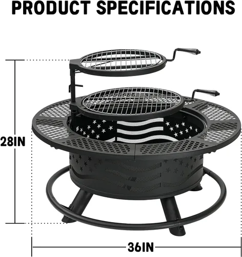 Miniatura 6 de Panovue - Fogata de 36 pulgadas con 2 rejillas de cocina, parrilla de acero redonda para leña al aire libre, con tapa, para barbacoa, fogata, pícnic