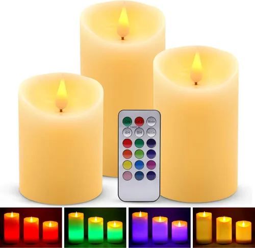 Velas LED sin llama, paquete de 3 velas LED eléctricas de cera real multicolor con temporizador, velas de pilar sin llama para decoración blanco