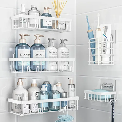 Miniatura 14 de Liuoud Juego de 5 Organizadores de Ducha Adhesivos para Pared, Estante para Interior de Ducha, Cesta de Almacenamiento de Baño Inoxidable Resistente