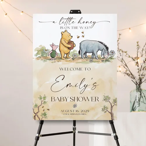 Miniatura 23 de Letrero personalizado para baby shower de oso Pooh, diseño clásico de vegetación personalizada, letrero de bienvenida para patio de baby shower