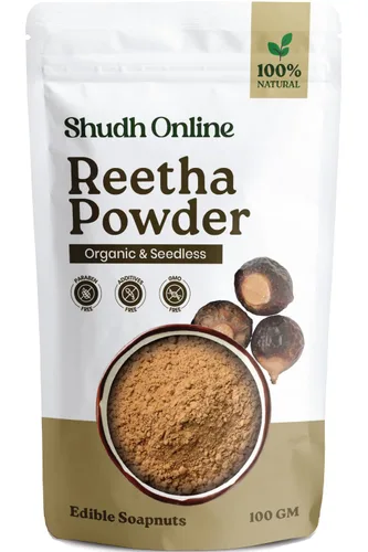 Homeda Reetha Powder for Hair, Jabón Orgánico Nueces Polvo para Cabello (3.5 oz - 100g) Polvos de baño indios 100% puros - Polvos de Aritha para el