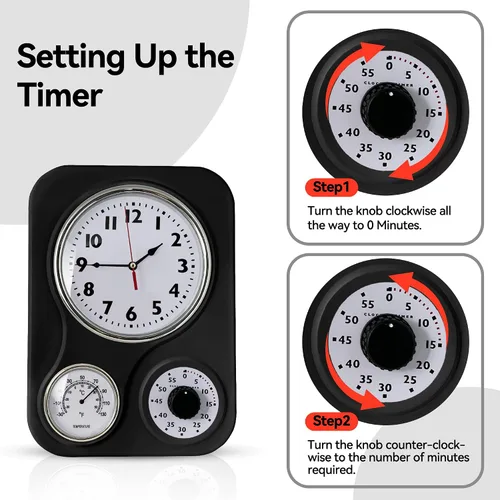 Miniatura 7 de Lily's Home - 9.5 pulgadas x 12.5 pulgadas - Reloj de pared retro para cocina, reloj de pared vintage con termómetro y temporizador de 60 minutos