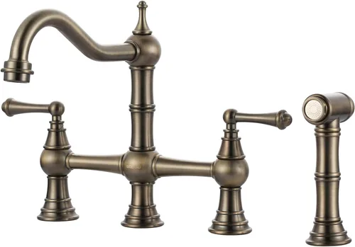 Grifo de Cocina de Puente con Rociador Lateral, WOWOW Grifo de Cocina de Latón Macizo para Fregadero de 4 Agujeros Bronce Antiguo Grifo de Fregadero