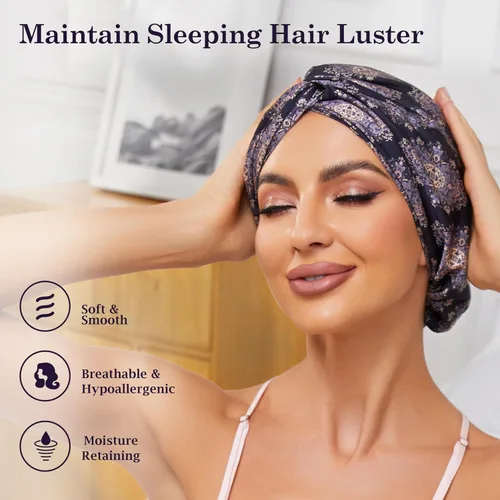 Miniatura 3 de Gorro de satén de seda ajustable para envolver el cabello para dormir, gorro de dormir de doble capa, turbante nocturno para cabello largo y rizado
