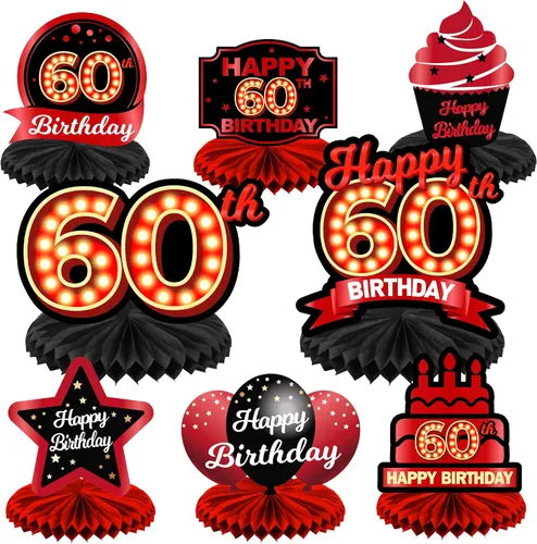 Miniatura 45 de Feliz Cumpleaños 15 Centros de Mesa de Panal Rojo y Negro Globos Decoración Temática de Mesa Decoraciones de Mesa Adornos de Mesa para Niñas Mujeres