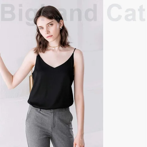 Miniatura 4 de IIG Camiseta clásica de satén de seda para mujer, blusa sexy con cuello en V, camiseta sin mangas para mujer, chaleco con tirantes delgados