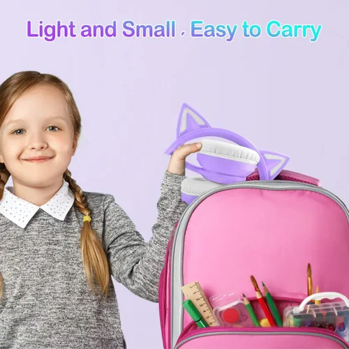 Miniatura 7 de LOBKIN - Auriculares Bluetooth 5.4 para niños con estuche - Orejas de gato plegables ajustables con luz LED RGB, auriculares supraaurales con Púrpura
