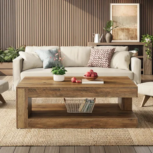 Miniatura 3 de Tribesigns Mesa de Centro para Sala de Estar, 47.24 Pulgadas Estilo Granja de 2 Niveles Mesa de Centro de Té y Cóctel con Almacenamiento, Marrón