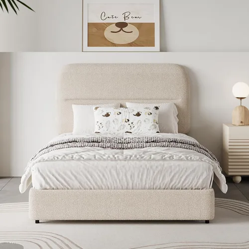 Miniatura 16 de HOMBCK - Base de cama tapizada de tejido bouclé con cabecera suave con diseño de esquinas redondeadas, listones de madera, no requiere somier, fácil