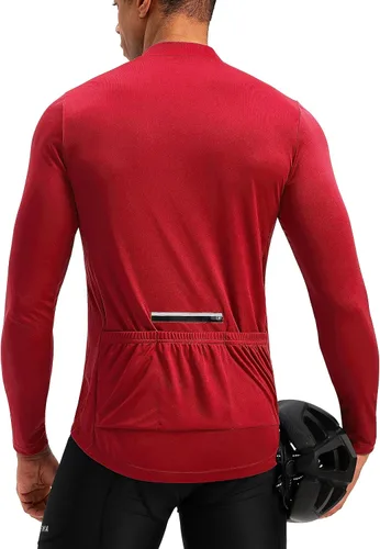 Maillot de ciclismo para hombre con 3+1 bolsillos traseros con cremallera, manga larga, absorción de humedad, UPF 50+ media cremallera