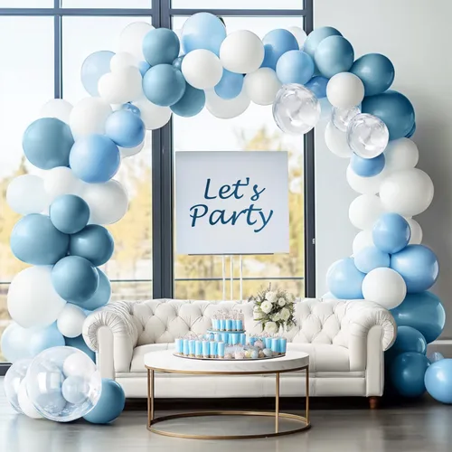 Miniatura 6 de YAOWKY Kit de arco de guirnalda de globos azul y blanco, 111 globos de látex transparente de 18, 12, 5 pulgadas, azul claro, blanco y transparente