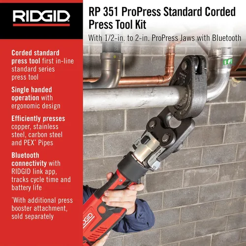 Miniatura 3 de RIDGID 67193 Modelo RP 351 Kit de herramienta de prensa ProPress estándar con cable con herramienta de prensa ProPress con cable, mandíbulas
