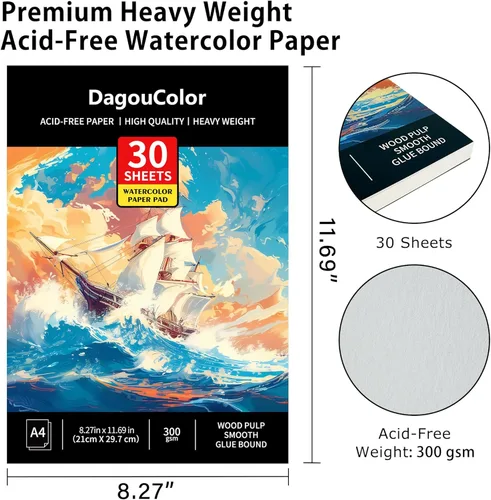 Miniatura 2 de DagouColor Bloc de papel de acuarela, A4, 1 paquete, 30 hojas, papel prensado en frío de 140 libras/10.58 oz/m², libro de artista para adultos