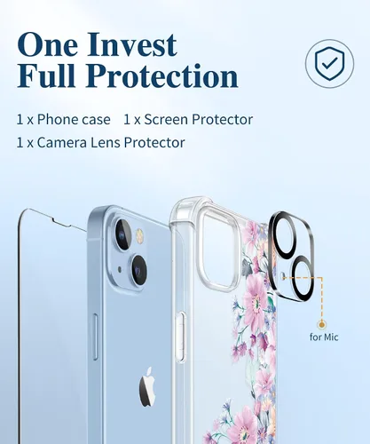 Miniatura 7 de GVIEWIN - Funda floral para iPhone 14 de 6.1 pulgadas, protector de pantalla + protector de lente de cámara, no se amarillenta, a prueba de golpes