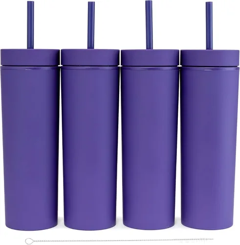 Miniatura 14 de STRATA CUPS Vasos delgados multicolor con tapas y popotes (paquete de 12) - Vaso acrílico de doble pared de 16 onzas, vasos delgados mate altos, a