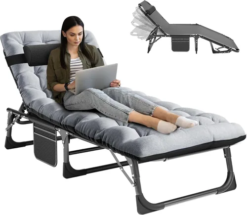 Miniatura 9 de NAIZEA Catre plegable de camping con alfombrilla para adultos, silla de descanso ajustable al aire libre, cama de dormir resistente, catres