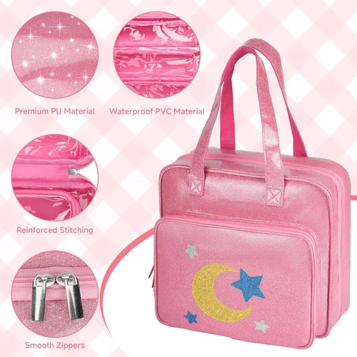 Miniatura 3 de Estuche de transporte para muñecas compatible con muñecas LOL Surprise, bolsa de almacenamiento de juguetes de viaje colgantes con 6 bolsillos Rosa