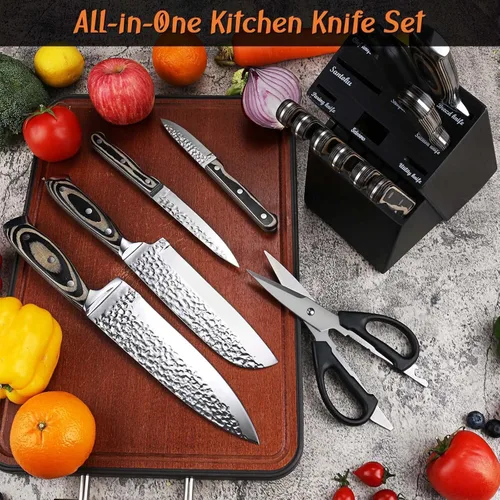Miniatura 8 de Juego de cuchillos de cocina, juego de cuchillos de 15 piezas con bloque de madera, autoafilable para juego de cuchillos de chef, juego de bloques