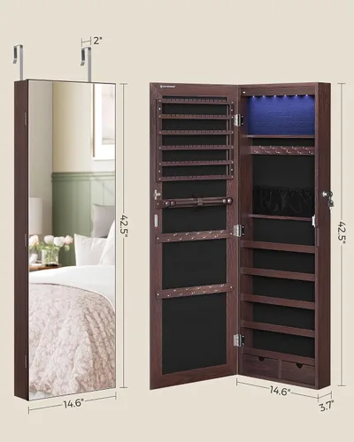 Miniatura 6 de SONGMICS Gabinete colgante de joyería, gabinete de pared con luces interiores LED, organizador de joyas montado en la puerta, espejo de cuerpo