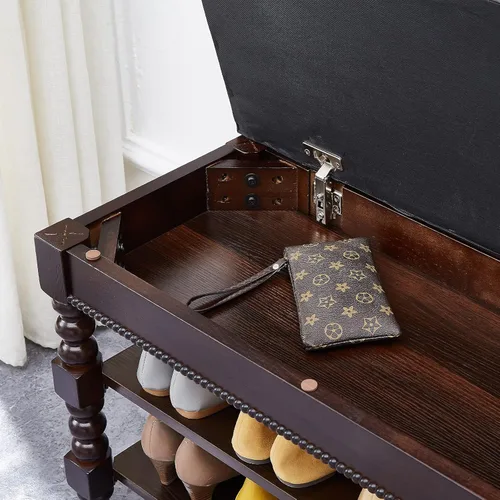 Miniatura 6 de LKZ Banco de almacenamiento de zapatos, banco de zapatos de madera maciza con asiento acolchado de cuero de microfibra para pasillo, entrada, sala