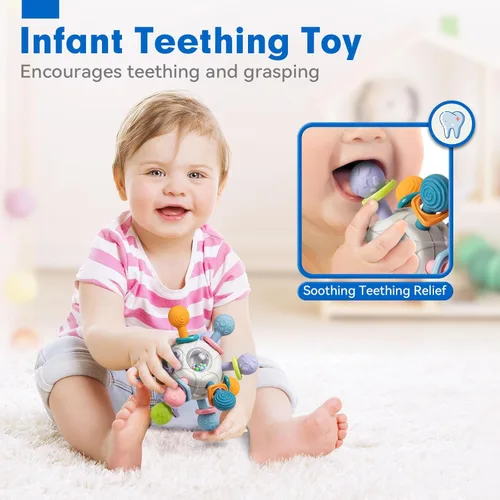 Miniatura 5 de SpringFlower Juguetes Montessori 3 en 1 para bebés de 0-3-6-12 meses, sonajero mordedor y bloques para bebés y anillos blandos apilables, juguetes