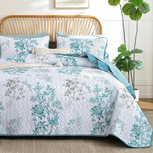 Miniatura 17 de WONGS BEDDING Juego de edredón floral matrimonial, juego de colcha con patrón botánico azul para mujeres, adolescentes y niñas, juego de ropa