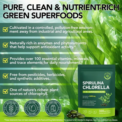 Miniatura 2 de Cápsulas de Clorella de Espirulina Orgánica,Suplemento sin OMG y sin gluten,300 cápsulas blandas