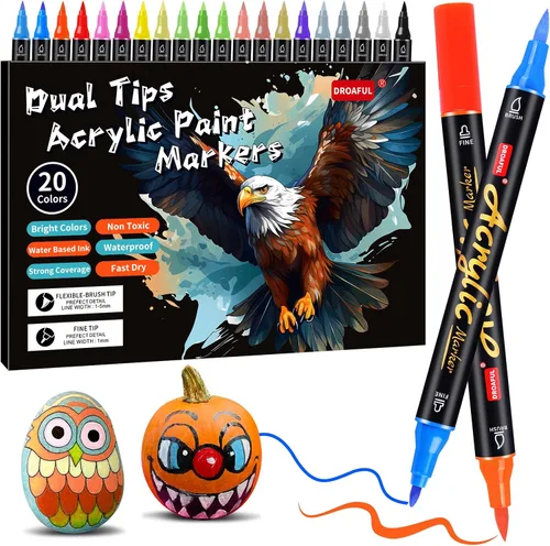Marcadores de pintura acrílica, 20 colores de puntas dobles, marcadores de pintura impermeables para pintura en rocas, tela, metal, vidrio, madera,