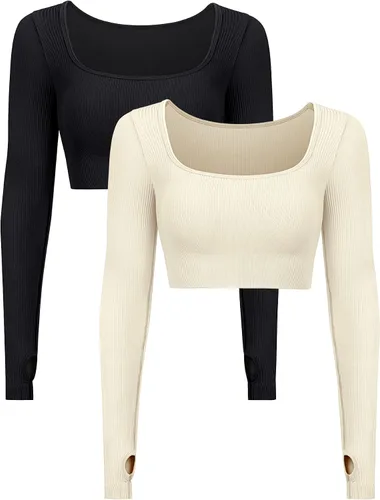 ZHENWEI Camisetas de entrenamiento para mujer, acanaladas, sin costuras, de manga larga, para gimnasio, atletismo, yoga