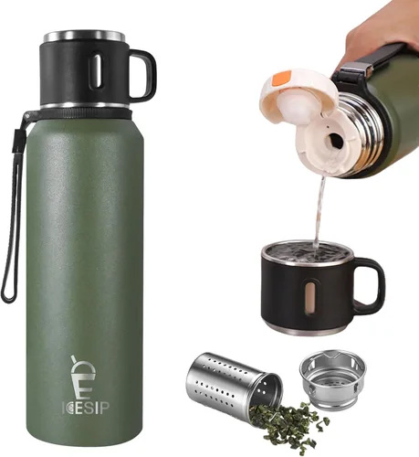 Miniatura 19 de Botella aislada de acero inoxidable, 20 onzas con taza, botella de agua aislada al vacío, termo para bebidas calientes/bebidas frías, viaje con Verde