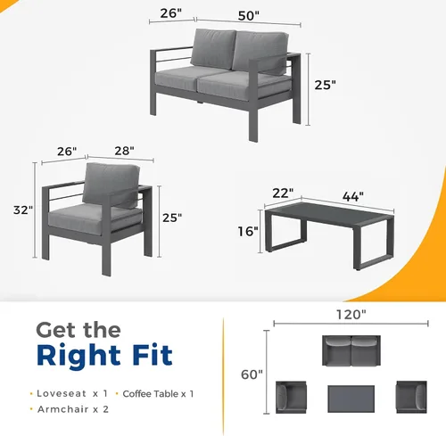 Miniatura 2 de Solaste Juego de muebles de aluminio para exteriores, juego de conversación de sofá seccional de 4 piezas con mesa de centro de vidrio templado