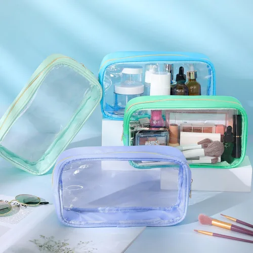 Miniatura 8 de 9 bolsas de maquillaje transparentes de felpilla para bricolaje, bolsa grande de nailon para maquillaje, artículos de aseo de viaje, con cremallera