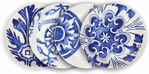 Rosanna Azul - Juego de 4 cuencos para pasta, 8.25 pulgadas, cuencos de porcelana para pasta, cuencos poco profundos, aptos para lavavajillas y