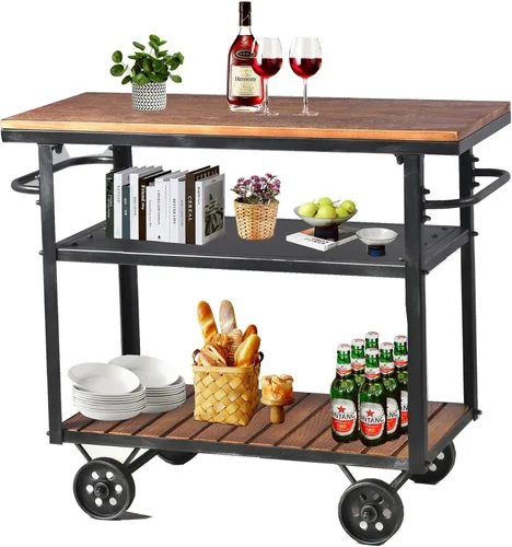 Carrito de almacenamiento industrial de 3 niveles con ruedas para vino, estante de vino de metal con ruedas, cocina, bar, comedor, té, vino, carrito