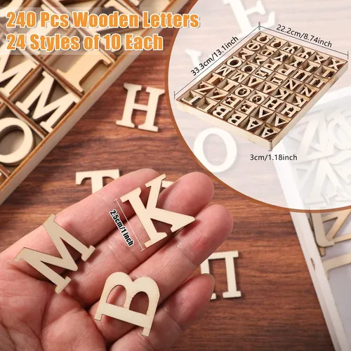 Miniatura 3 de 240 letras griegas de madera sin terminar de 1 pulgada con bandeja de almacenamiento, letras pequeñas del alfabeto de madera en negrita