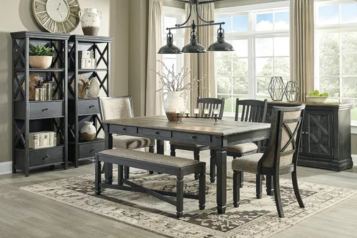 Miniatura 9 de Signature Design by Ashley Tyler Creek Farmhouse - Banco de comedor tapizado con patas cónicas, tela tejida pesada, madera, asiento de 19.5 pulgadas