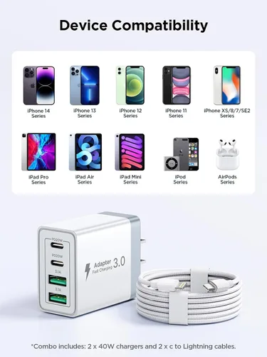 Miniatura 6 de Paquete de 2 Cargadores de Pared USB C, Bloque Cargador Rápido USB C de 40W y 4 Puertos con Puerto Dual QC+PD 3.0 Adaptador de Energía, Cargador