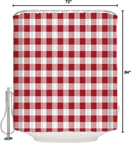 Miniatura 7 de Juego de cortinas de ducha a cuadros rojos, cortina de ducha lavable de 72 x 84 pulgadas con 12 ganchos, cortinas de ducha de tela impermeable a