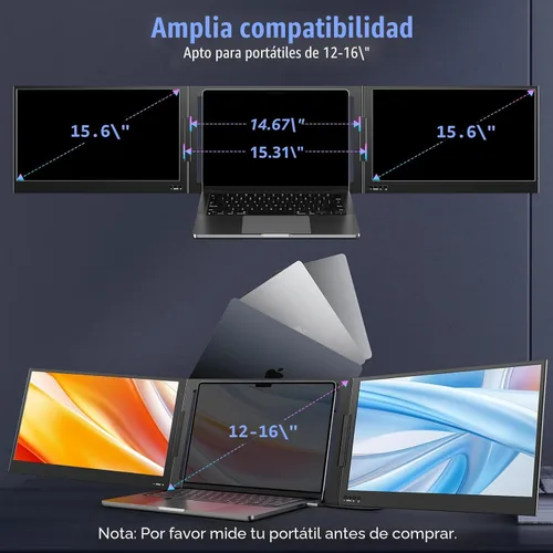Miniatura 8 de QQH Extensor de pantalla para laptop, monitor portátil triple de 15.6 pulgadas para laptop con pantalla IPS FHD ultradelgada, pantalla extendida