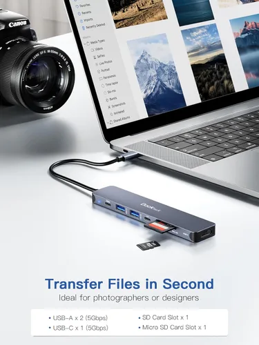 Miniatura 3 de Hub USB C, adaptador USB C multipuerto 7 en 1 con HDMI 4K, 100 W PD, USB C de 5 Gbps, 2 puertos de datos USB-A, lector de tarjetas SD/TF
