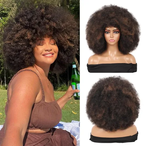 Miniatura 10 de Kalyss Pelucas afro largas de 16 pulgadas para mujeres negras, pelucas afro afro rizadas de los años 70 con reflejos marrones, pelucas grandes
