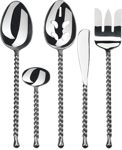 Gourmet Settings - Juego de cubiertos de anfitriona de 5 piezas - Colección Silver Tear - Juego de cubiertos de metal pulido - Utensilios de cocina